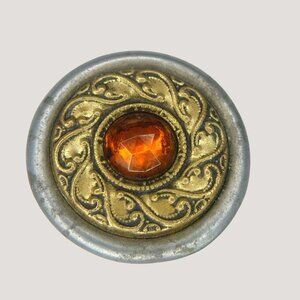 Metal Button Antique Vintage Ornate Amber Gemstone Intricate Gold Silver Design